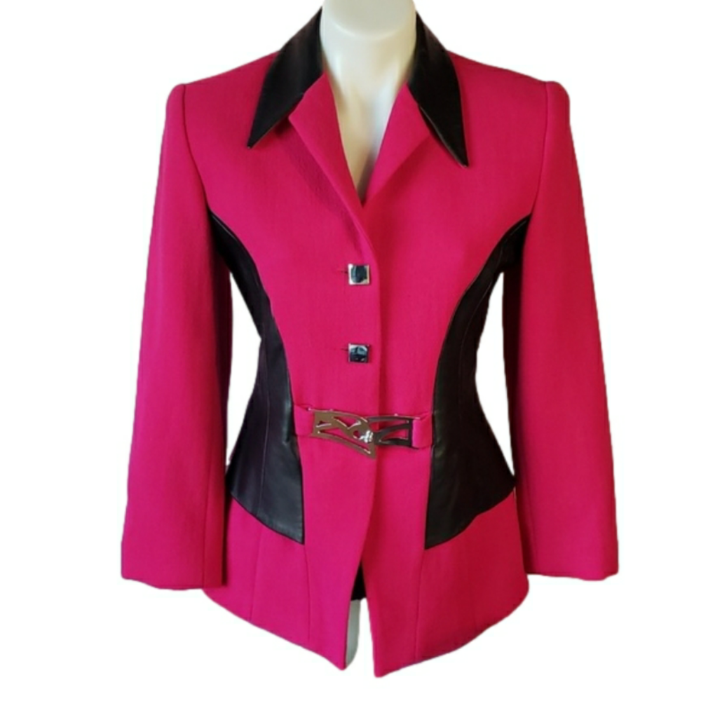 Fuschia & black with chrome details 100% French wool BANU Paris blazer jacket
